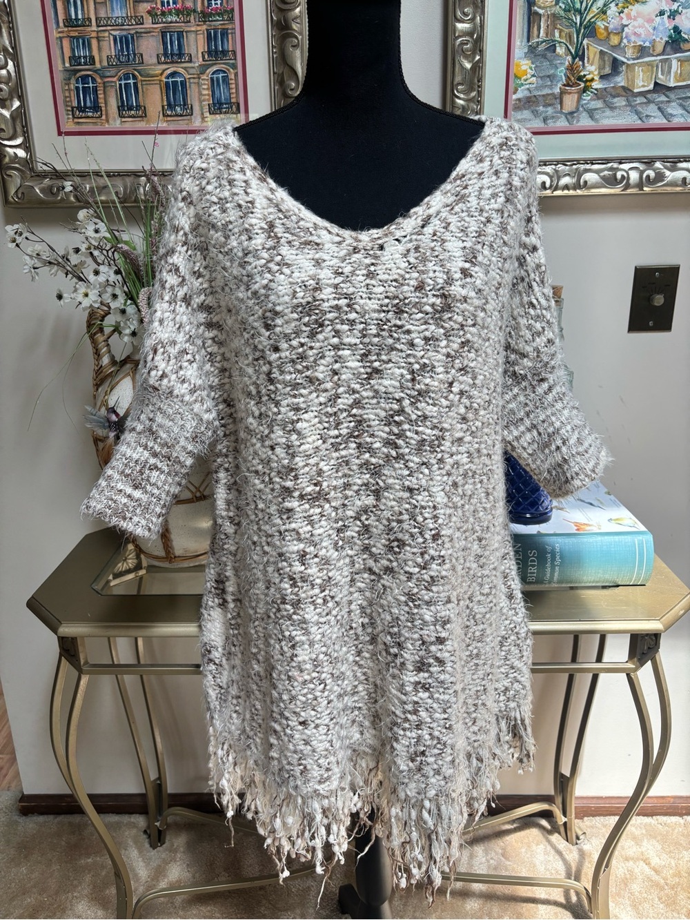 Umgee Neutral Bouclé Fringe Knit Sweater Taupe & Cream Boho Oversized Size M/L
